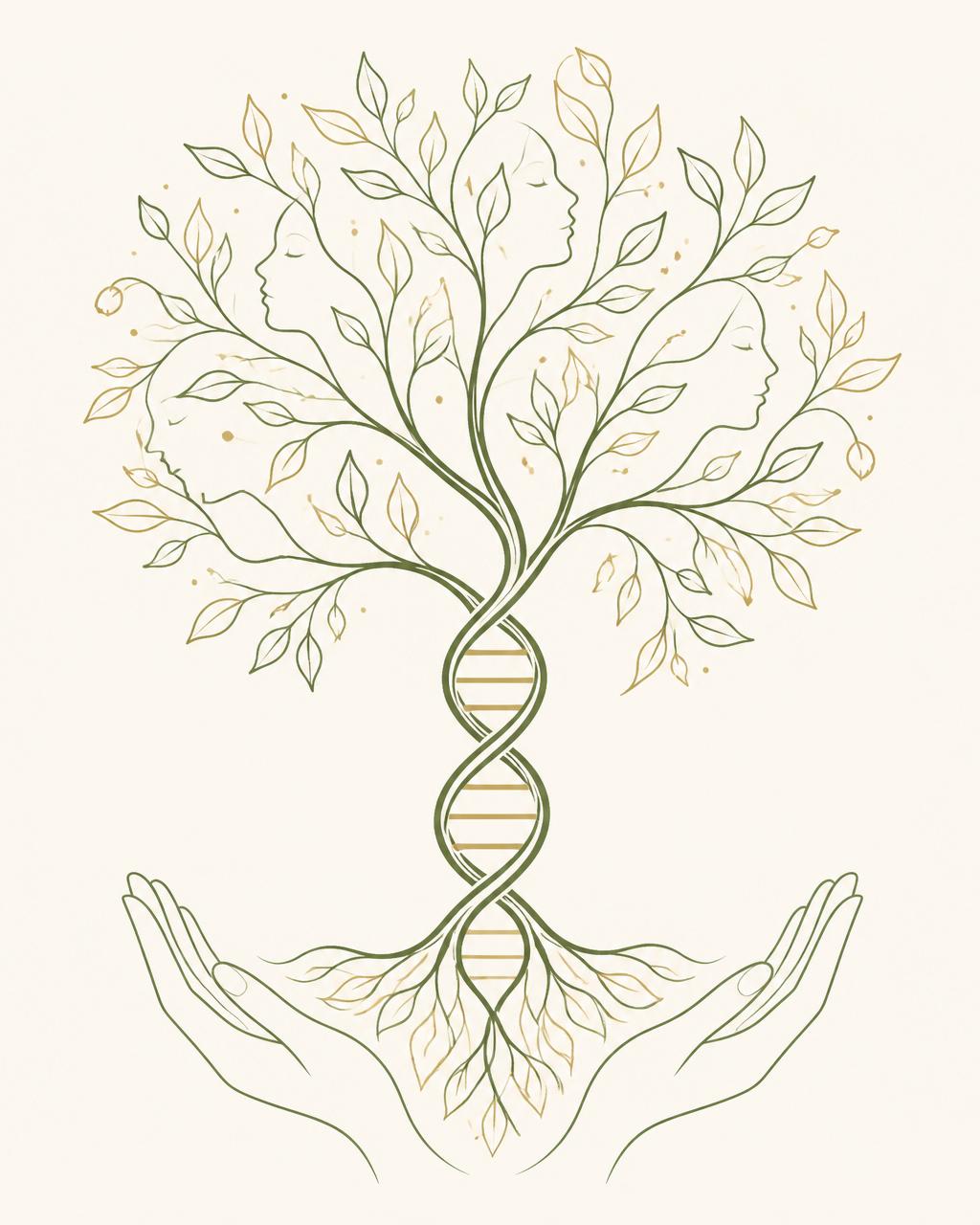 Árvore da vida com tronco em hélice de DNA, raízes em mãos acolhedoras e folhas com perfis femininos